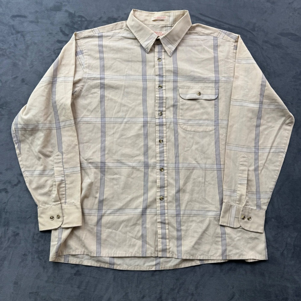The Fox Collection Mens XL Plaid Button Down Shirt Tan Grey Long Sleeve Vtg